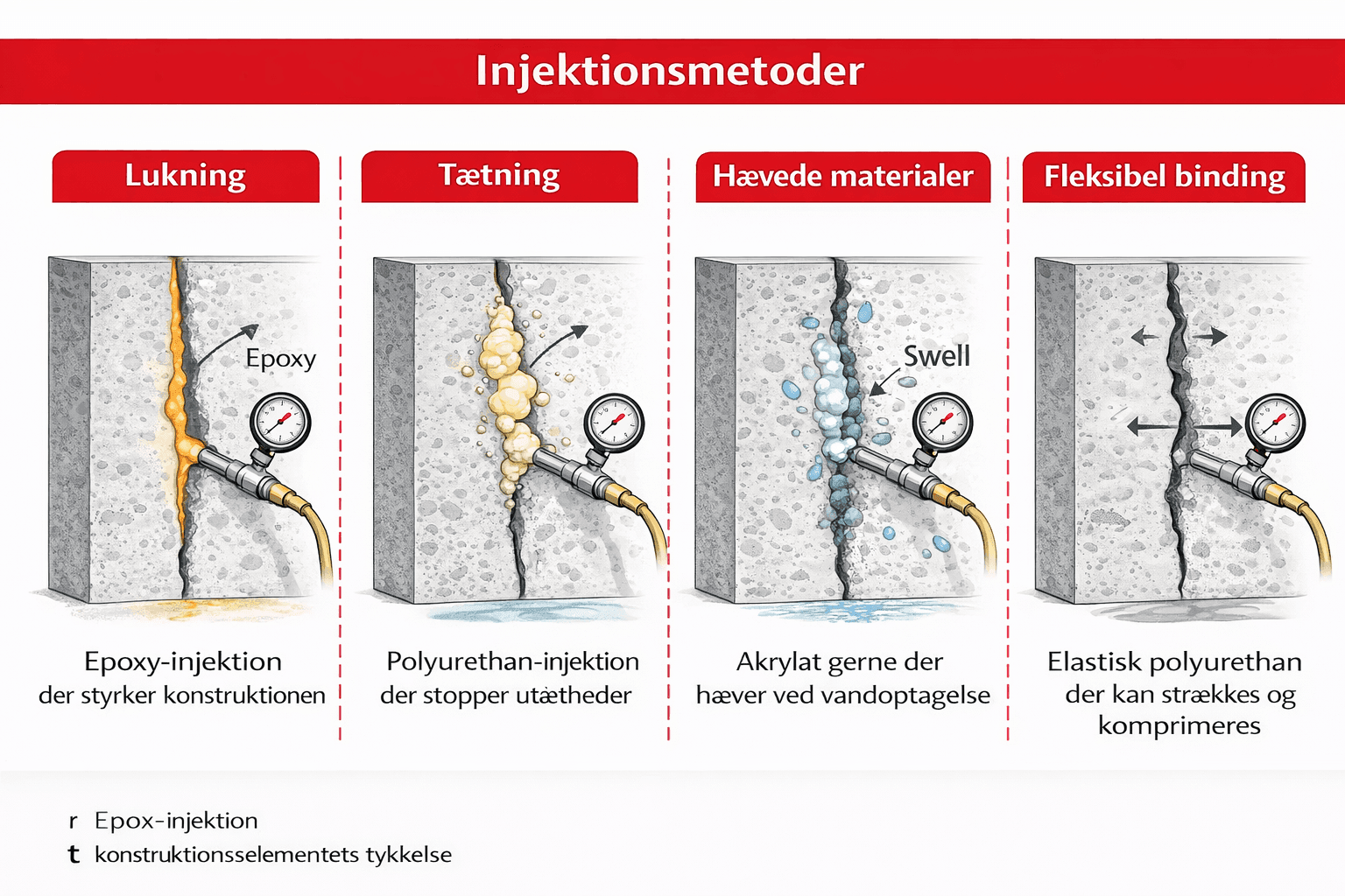 Viser injektion gennem borede huller, hvor materialet føres ind i revnen i konstruktionens dybde. Metoden anvendes, når der stilles krav til fyldning gennem hele konstruktionens tykkelse. Viser injektion gennem borede huller, hvor materialet føres ind i revnen i konstruktionens dybde. Metoden anvendes, når der stilles krav til fyldning gennem hele konstruktionens tykkelse.